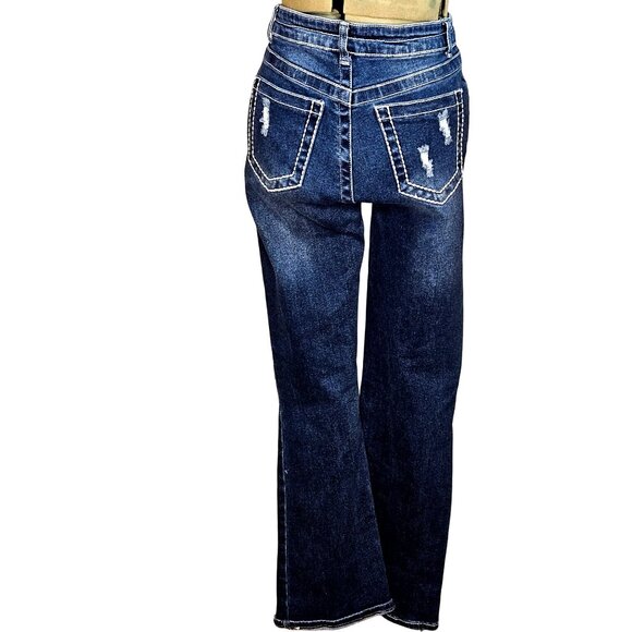 Woman's Bamboo dark wash white stitch embroidered distressed flared mid rise jea - Picture 4 of 11